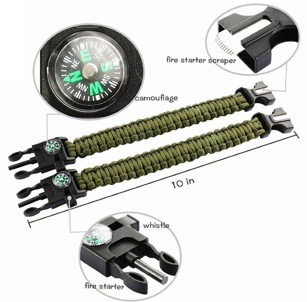 MQQC Kissmi 10 Pack Paracord Bracelet Survival Gear with Compass, Fire Starter, Whistle and
