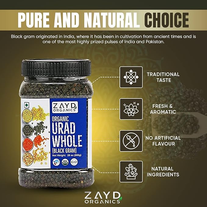 Zayd Organics Urad Whole, Black Matpe Lentils, USDA Organic, 1.75lbs (800g)