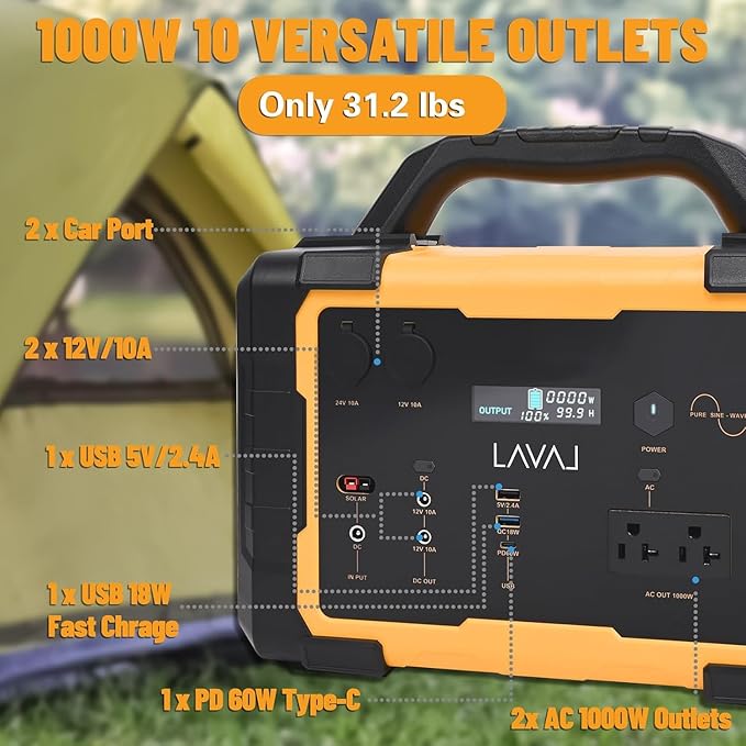 1000W Portable Power Station, 1075Wh Backup Lithium Battery, 120V/1000W AC Outlet, Solar Generator for Home, RV, Outdoor, Camping and Emergencies Use
