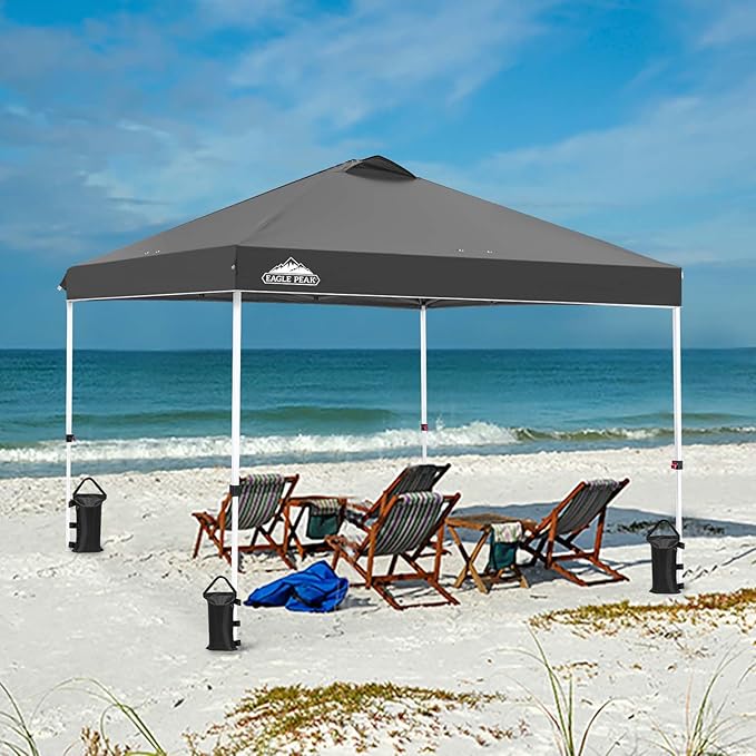 EAGLE PEAK Pop Up Canopy Tent with Wheeled Carry Bag, 8 Stakes, 4 Ropes, 4 Weight Bags, Easy Set Up Tent Canopy, 10x10 ft, 100sqft of Shade, Gray