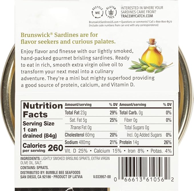 Brunswick Wild Caught Gourmet Brisling Sardines in Extra Virgin Olive Oil, 4.23 oz Can - Wild Caught Sardines - 14g Protein per Serving - Gluten Free, Keto Friendly (Pack of 4)