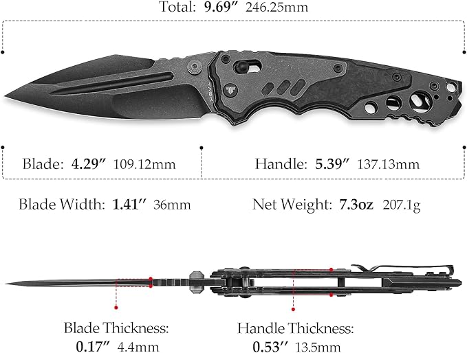 Intruder-05｜Folding Pocket Knife for Men，Heavy Camping EDC Knives with Clip ï¼?.29" PVD Blackwash 14C28N Steel Blade Axis Lock & Washerï¼?Thumb Stud，Ti & Carbon Fiber Handle