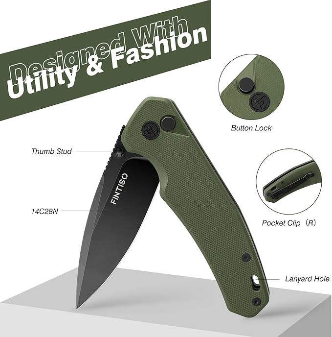 FINTISO Pocket Knife, 3" 14C28N Steel Blade G10 Handle Small EDC knife with Button Lock, Sharp Folding Knife with Pocket Clip for Camping, Survival, Hunting