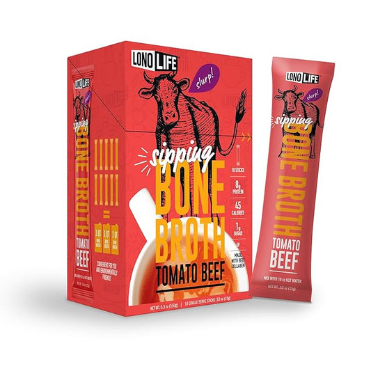 LonoLife Tomato Beef Bone Broth Powder Mix | Grass-Fed, 10g Protein | Collagen-Rich, Keto & Paleo Friendly | Natural Ingredients | 10 Portable Stick Pack Servings