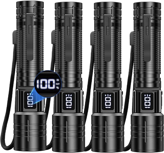 AdamStar Flashlight High Lumens Rechargeable Super Bright Flashlight Zoomable LED Flash Light with Dimmable, 6 Modes Waterproof Handheld Powerful Tactical Flashlights for Camping Emergency (4 Pack)