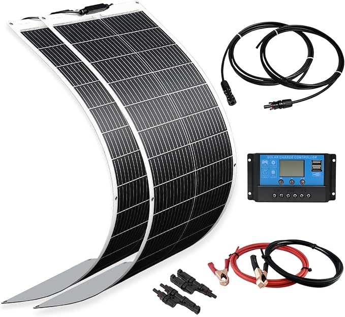 XINPUGUANG Solar Panel 200W 12V Flexible System Kit,2X100W Monocrystalline Fiberglass Module 20A Controller Extension Cable for Off Grid Home,RV,Caravan,Boat and Other Battery Chargerï¼?00W