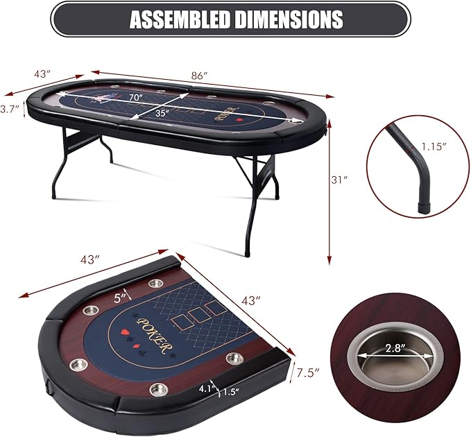 10 Player Foldable Poker Table, 86" Large Professional Folding Texas Holdem Poker Card Table, Portable Casino Table for Game Room with Padded Rails & Cup Holders