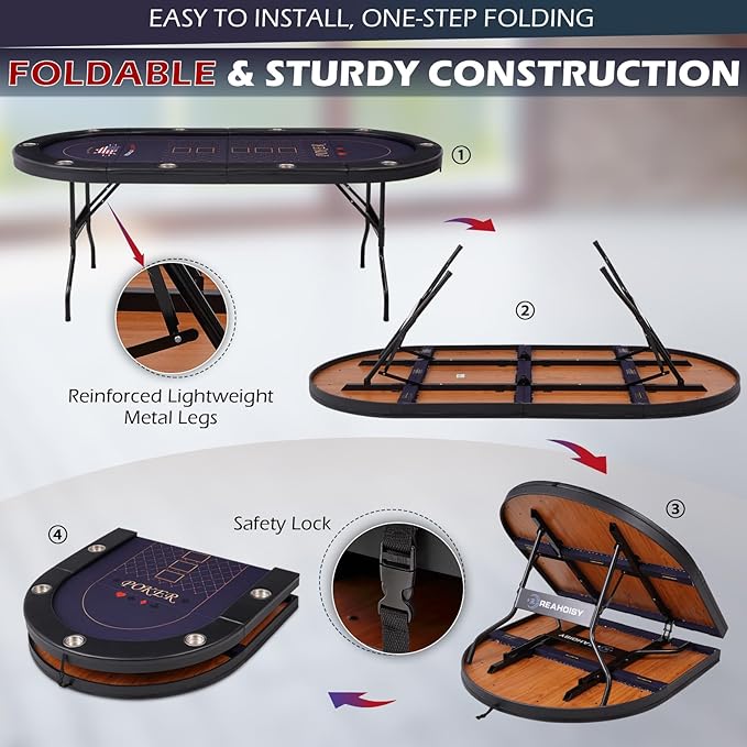Poker Table Foldable, 8/10 Player Folding Poker Tables with Casino Grade Felt, Padded Rails & Cup Holders, Portable Poker Table for Texas Holdem (84 Inch-Black & Navy Blue)