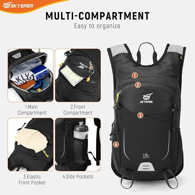 SKYSPER 15L Hiking Backpack Small Travel Daypack Breathable Lightweight Day Hike Bag with Shoulder Pocket Women Men