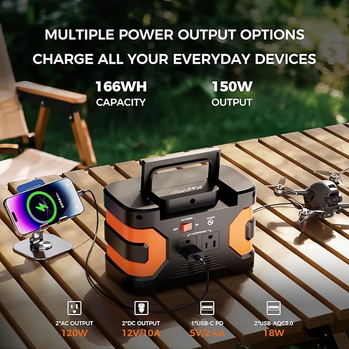 Flashfish Portable Power station 150W 166Wh with 60W Solar Panel, Pure sine Wave AC Outlet, USB-C PD 45W, QC3.0, DC Output, Backup Battery for Camping, Outdoor, RV, Emergency Home Use