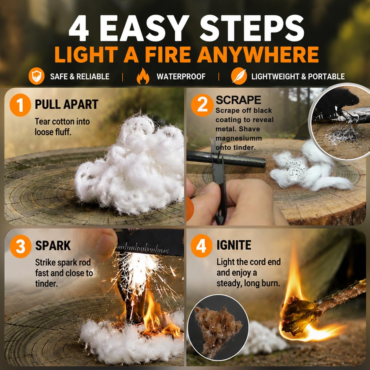 34PCS Fire Starter Survival Kit with 3 Ferro Rods & Striker Tinder