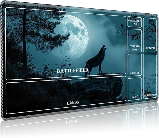 Playmat for MTG with Magic Zones, 24 x 14 inches Game Play Mat for MTG TCG, Trading Card Game Play Mat Desk Mats with Stitched Edges Non-Slip Base, Wolf Howling