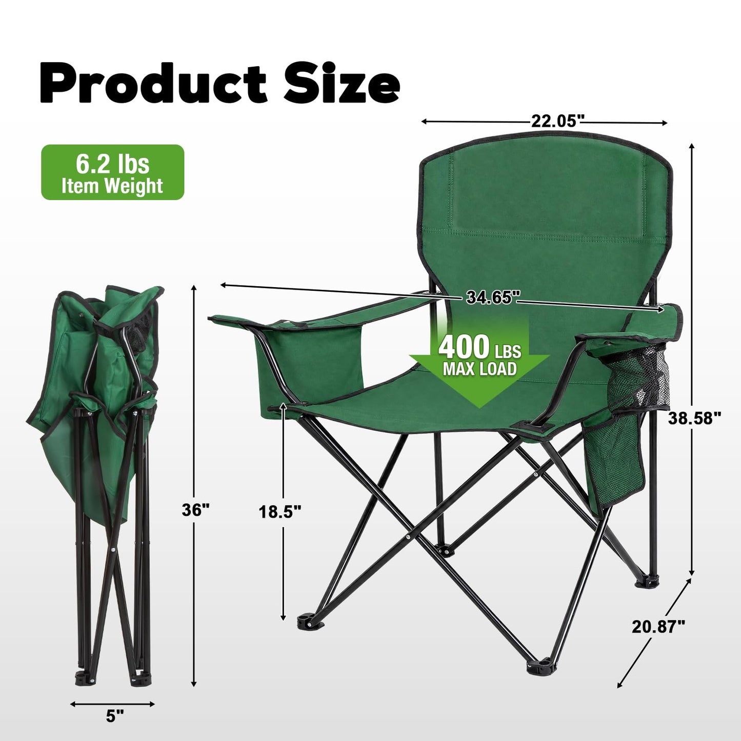 Kamglide 2-Pack Heavy Duty Camping Chairs, 400 LBS Capacity Folding Outdoor Chair with Cooler Bag &