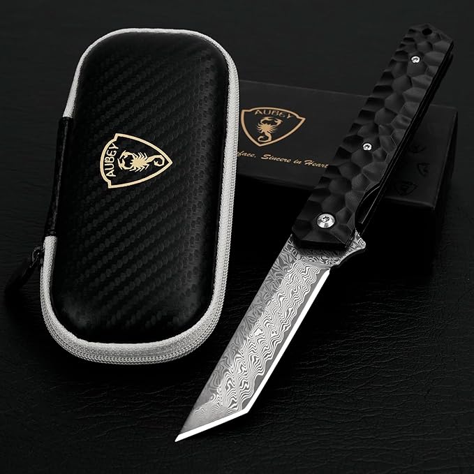 AUBEY Damascus Pocket Knife, Tanto VG10 Core Damascus Steel Folding Knives with Ball Bearing, Aluminum Alloy Non-Slip Handle and Glass Breaker, EDC Damascus Knife for Men Women (Black)