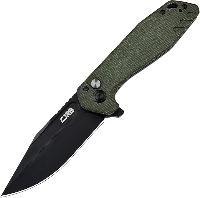 CJRB CUTLERY Folding Knife Riff (J1928) Button Lock Pocket Knife for Men Black PVD AR-RPM9 Steel Blade and Green Micarta Handle for Work Outdoor Hinking Camping