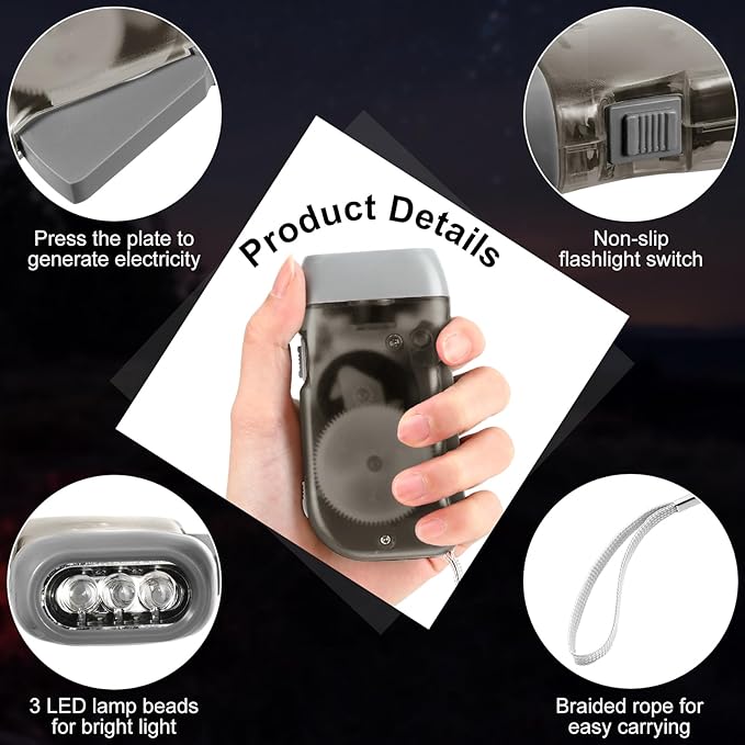 Treela 60 Pack Hand Crank Flashlight Operation Christmas Items Bulk Squeeze Flashlight No Battery Required Torchlight 3 LED Self Powered Charging(Gray, Green, Blue, Red)