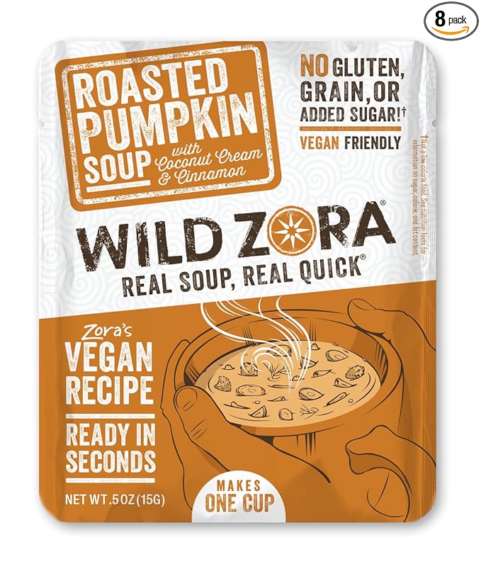 Wild Zora Instant Keto-Friendly Soups Roasted Pumpkin 8-pack Broth Made with Coconut cream, Cinnamon, & Organic Vegetables, Gluten-Free, Low Carb, No Added Sugar, Flavorful Pantry Staples - 0.5oz/13g