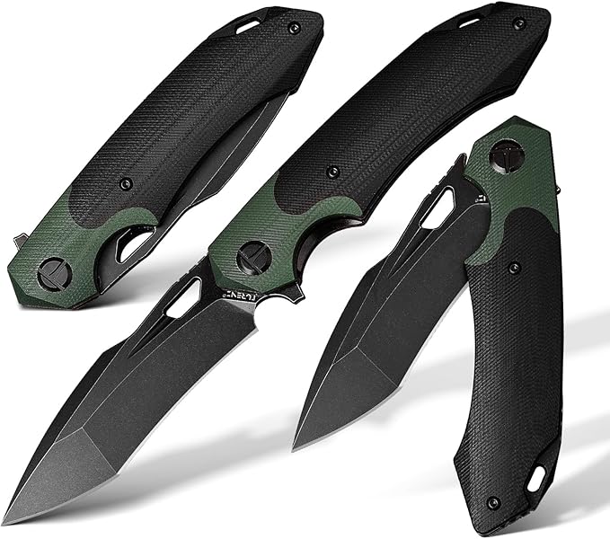 D2 Steel Folding Knife - 9CM Black Tactical Blade, G10 Handle, Pocket Clip - EDC Camping, Survival, Hunting - 60-61HRC, Vacuum Heat Treated, Stonewash Finish