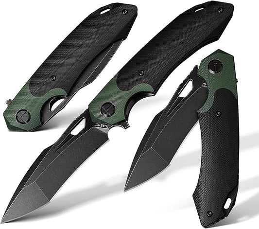 D2 Steel Folding Knife - 9CM Black Tactical Blade, G10 Handle, Pocket Clip - EDC Camping, Survival, Hunting - 60-61HRC, Vacuum Heat Treated, Stonewash Finish