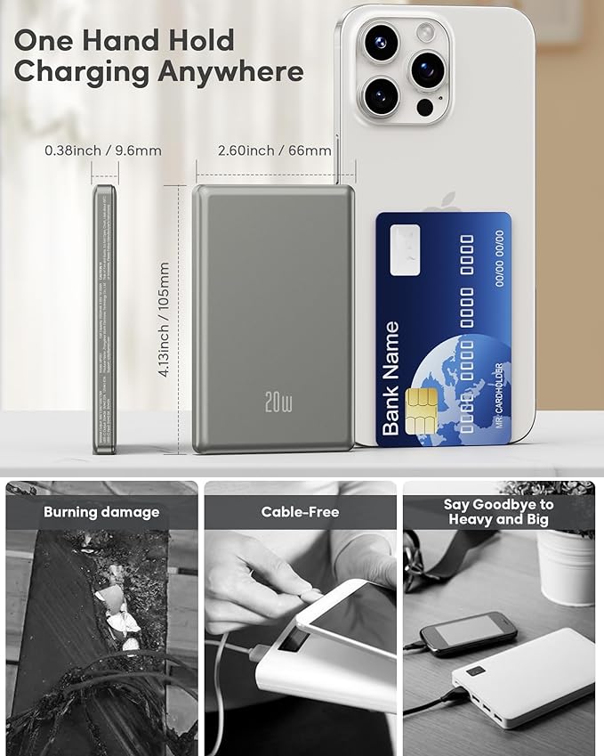 for Magsafe Battery Pack, Ultra Slim Wireless Portable Charger 5000mAh, 20W PD Magnetic Power Bank Fast Charging USB C in&Out Powerbank for iPhone 16/15/14/13/12 Mini Plus Pro Max,Grey