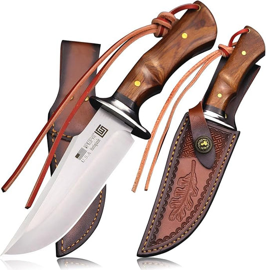 (USA 440C steel 10.5-inch hunting straight knife + leather sheath,suitable for outdoor travel, camping, survival, fishing, and Gifts for Men's and Women's Festivals