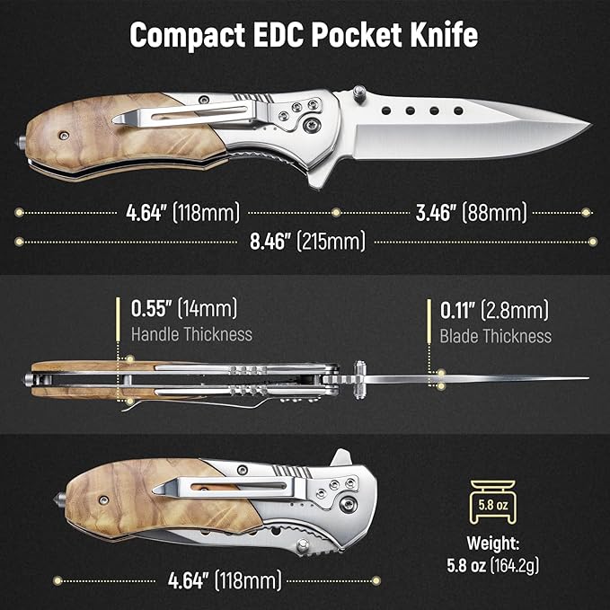 Folding Pocket Knife - 3.46" Sharp Blade Olive Wood Handle Pocket Knives with Clip, Glass Breaker - EDC Knife for Dad Women Tactical Hunting Survival Camping Fishing Hiking - Sliver