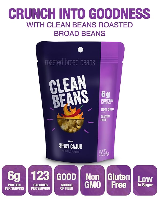 Clean Beans Broad Fava Beans Snack - Spicy Cajun Flavor, 6g Protein, Low Sugar, Non-GMO, Non-Gluten - On The Go Office Snack - Nutraphase, 85g x 6-Count
