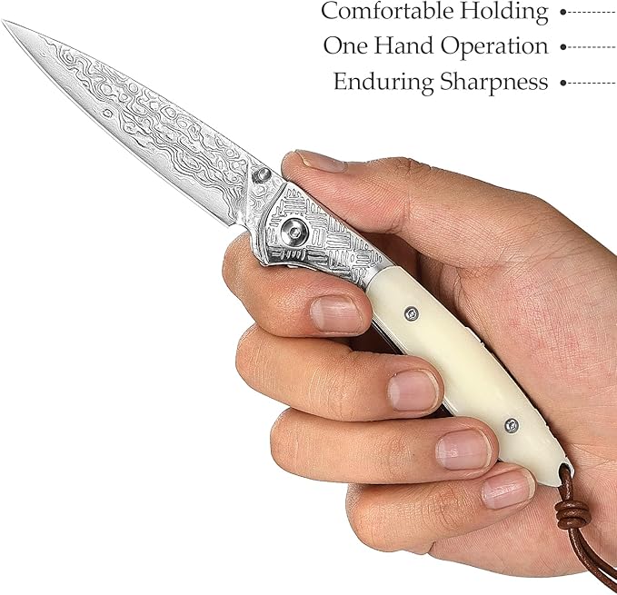 Handmade Damascus Folding Pocket Knife，Thumb Stud,3.15" Polished Blade & Steel Bolster, Liner Lock, White Bone Handle,Ceramic Bearings，EDC Knives Gift for Men.Piscis Austrinus-02W