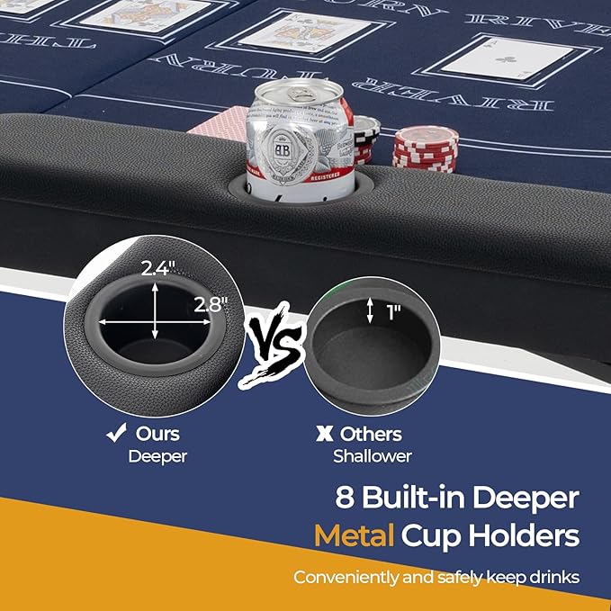 Goplus 72” Poker Table Foldable, 8 Players Card Board Game Table w/Deep Metal Cup Holders, Casino Grade Felt, Portable Folding Oval Blackjack Table for Texas Holdem, No Assembly Required (Blue)
