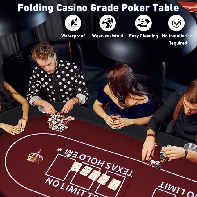 LUCKYERMORE Upgraded 10 Players Poker Table with Cup Holder, 91’’ Extra Large Folding Casino-Style Texas Game Poker Tables with Padded Rails, Red Felt Surface, Fully Assemble