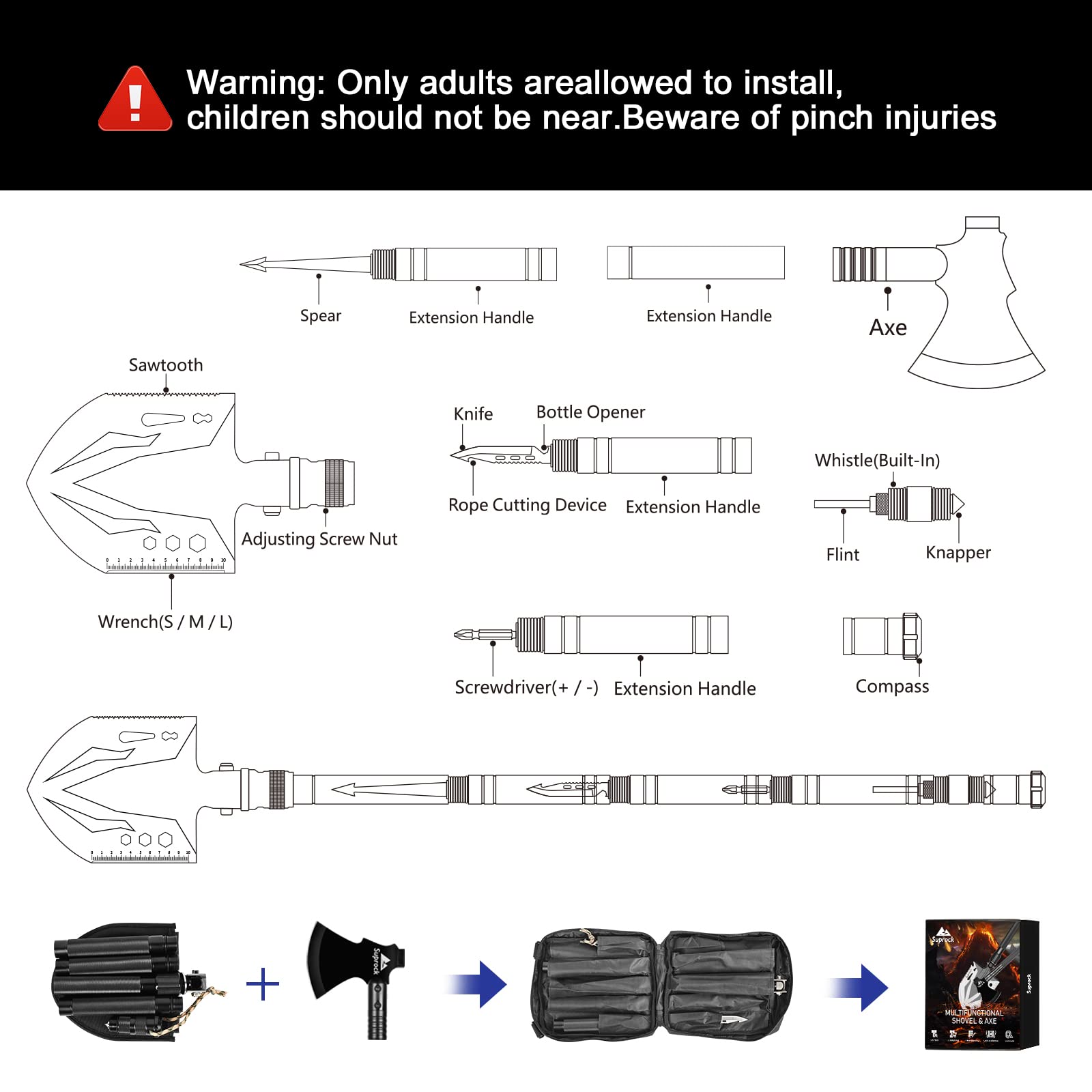 Suprock Survival Shovel High Carbon Steel Tactical Shovel Axe Folding Entrenching Tool Camping