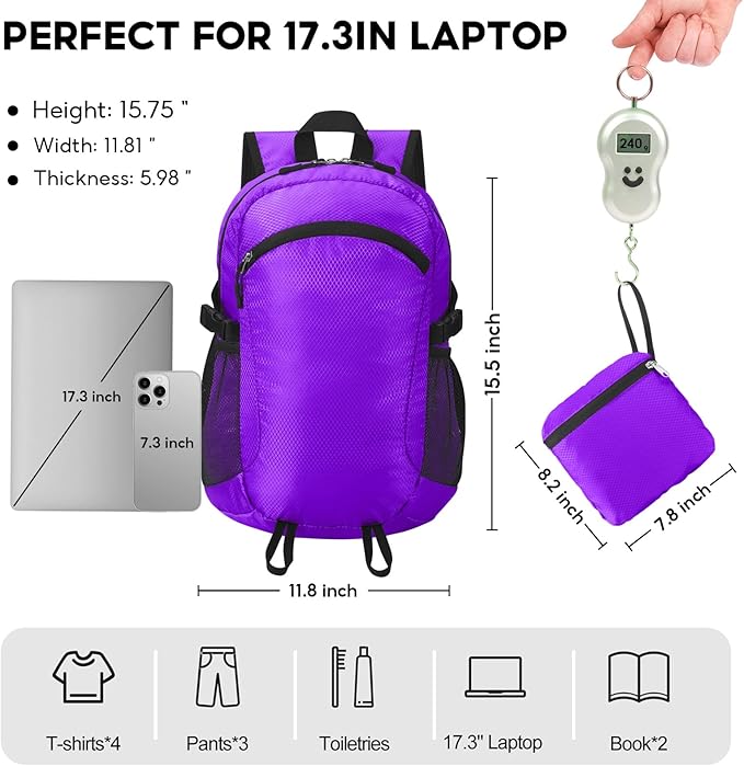 Small Hiking Daypack,15L Water-Resistant Hiking Backpack Packable Lightweight Travel Day Pack for Women Men (Purple, Small)