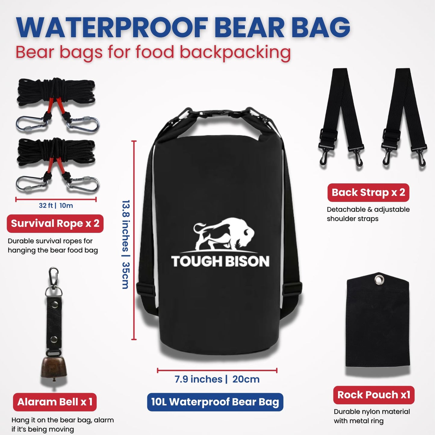 Tough Bison Bear Bag Hanging Kit - 10L Waterproof Bear Proof Food Storage Bag, 2 Straps, Rock Sack