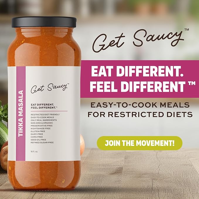 Get Saucy Tikka Masala Sauce - Gluten-Free, Dairy-Free, Corn-Free, Seed Oil-Free, Refined Sugar-Free, Nightshade-Free, Organic, Non-GMO, Preservative-Free, Healthy & Easy Meal (1 Pack, 16oz)