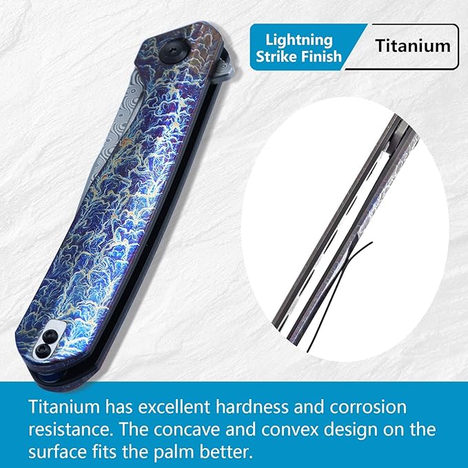KANSEPT Qilin Pocket Knife, 3.24'' Damascus Sharp Blade, Titanium Lightning Strike Finish Handle for Edc, Flipper and Liner Lock with Double-Sided Clip, Men Camping Survival Folding Knives K1047A3