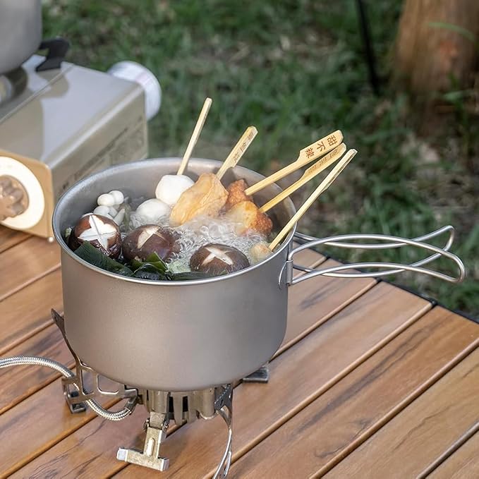 Titanium Pot 900ml & 1100ml & 1600ml Lightweight Camping Cookware for Outdoor Hiking Backpacking Travel, Non-Toxic Druable Cooking Pot with Lid & Folding Handle