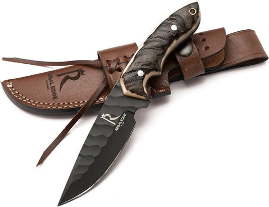 Fixed Blade Knife ??9" Black Coated Drop Point Hunting Knife With Leather Sheath - Full Tang 1095c High Carbon Steel - For Outdoor Use