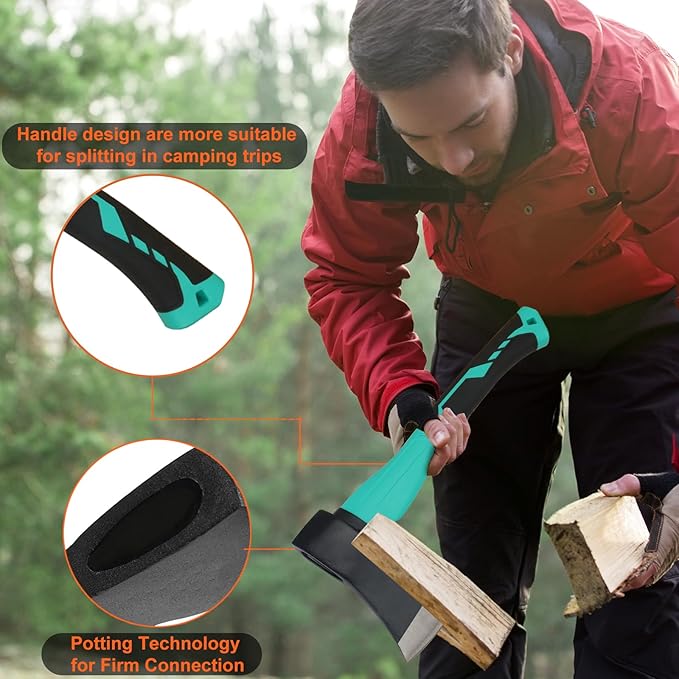 Wood Axe with Sheath, Camping Hatchet for Wood Splitting, Outdoor Bushcraft Axe Tools for Hiking Gardening, Anti-Slip Handle (Green)