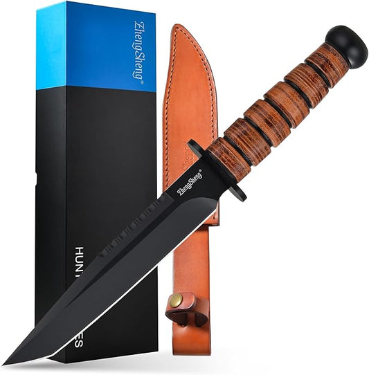 Fixed Blade Knife, 8.0??Black Titanium PVD Coating DC53 Steel Blade Hunting Knives with Leather Sheath, Ergonomic Handle Bushcraft Bowie Knife for Camping, Hiking