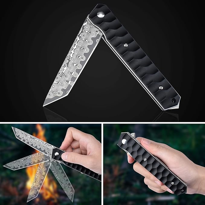 AUBEY Damascus Pocket Knife with Clip, Tanto Blade Damascus Steel Folding Knives for Men Tactical, Aluminum Handle with Glass Breaker for EDC Camping Gift