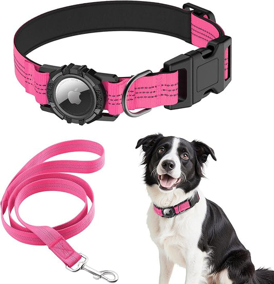 AirTag Dog Collar and Leash, IP68 Waterproof Integrated with Reflective, Ultra-Durable, Comfortable Padded, Heavy Duty Dog Collars for Small Medium Large Dogs, L (14.8"-20.3"), Pink