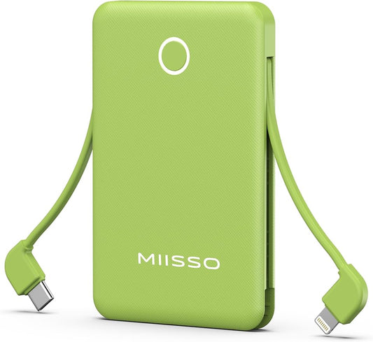 6000mah Ultra Slim Built in Cables Power Bank, Card Size Built in USB C Cords Battery Pack Portable Charger for Phones, 3 Output External Battery Pack Compatible with iPhone, Samsung, Deep Green