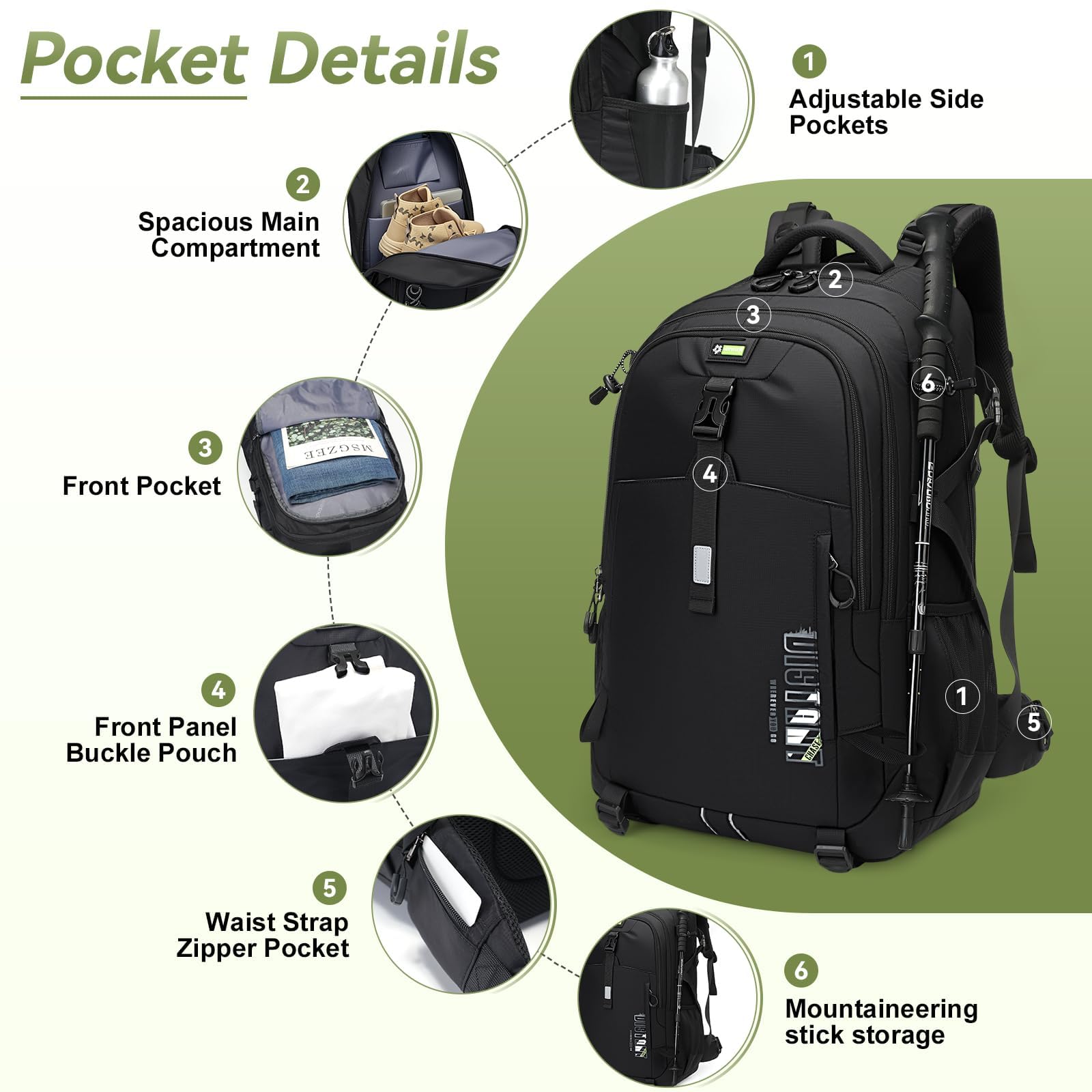 50L Hiking Backpack for Men Women, Waterproof Outdoor Daypack,Black
