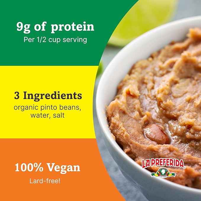 La Preferida Organic Refried Pinto Beans (100% Vegan & Lard-Free) Just 3 Simple Ingredients – USDA Certified, 9g of Protein & 5g of Fiber Per Serving, 15 oz. (Pack of 18)