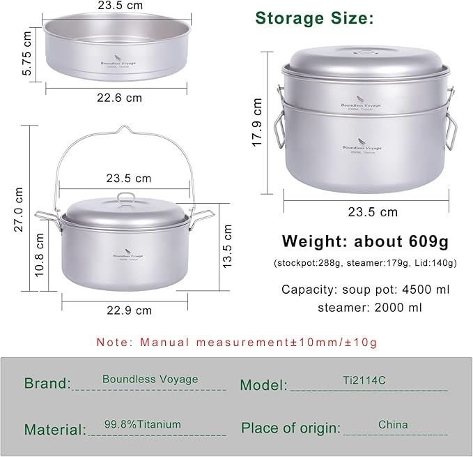 Boundless Voyage Titanium 4.5L Hanging Pot with Steaming Rack Folding Handle Outdoor Camping Cooking Stockpot Steamer Set