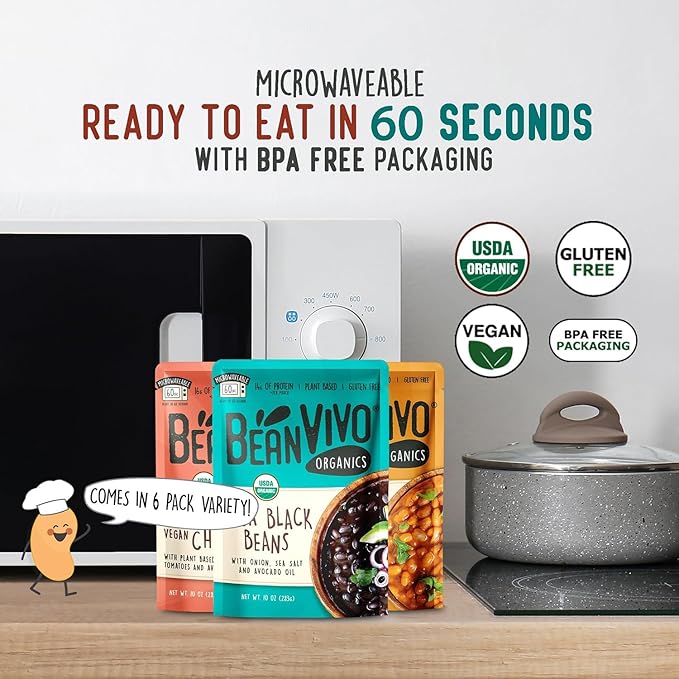 BeanVIVO - Variety 6 Pack (10 oz each) - Organic Baja Black Beans, Three Bean Vegan Chili, BBQ Pinto Beans - Seasoned & Ready to Eat, Plant Protein, Vegan, Gluten Free, Microwaveable, Instant Meals