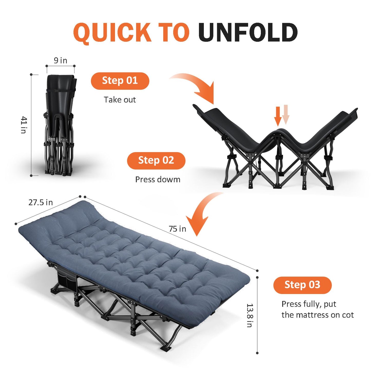 ATORPOK Camping Cot for Adults with Comfortable Cushion, Folding Bed