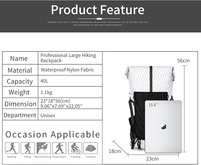 Hiking Backpack,40L Extra Large Capacity Hiking Bag,Internal Frame Camping Backpack,Upgraded X-PAC Lightweight Sport Daypack Travel Backpacks Fit For Mountain Climbing Camping (White)