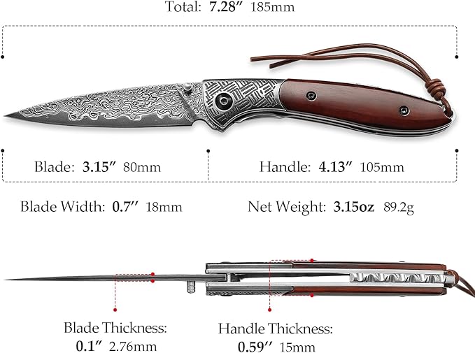 3.15" Handmade Damascus Folding Pocket Knife，EDC Knives Gift for Men，Brown Bone Handle，Ceramic Bearings，Thumb Stud, Steel Bolster, Liner Lock.Piscis Austrinus-02B