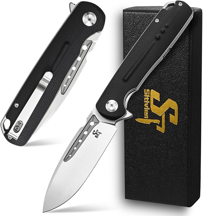 Sitivien ST131 Folding Knife,D2 Blade G10 Handle EDC Tool Knife with Liner Lock for Outdoor Camping Hiking Fishing(Black)
